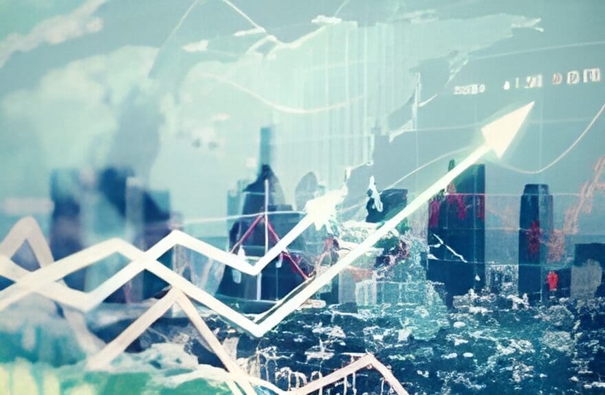 Financial growth graph over city skyline representing value creation