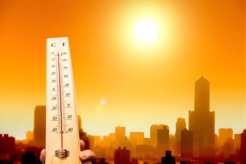 A thermometer in front of the sun and city skyline.