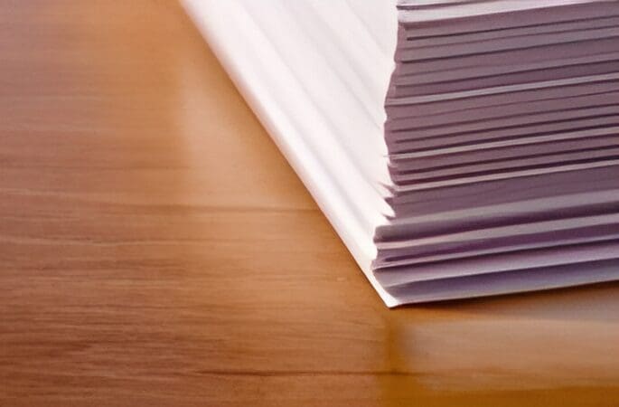 A stack of papers on top of a wooden table.